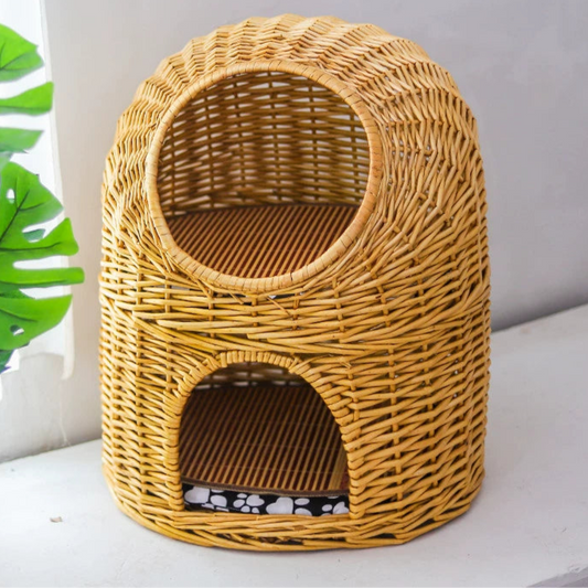 Handwoven rattan two-level pet house