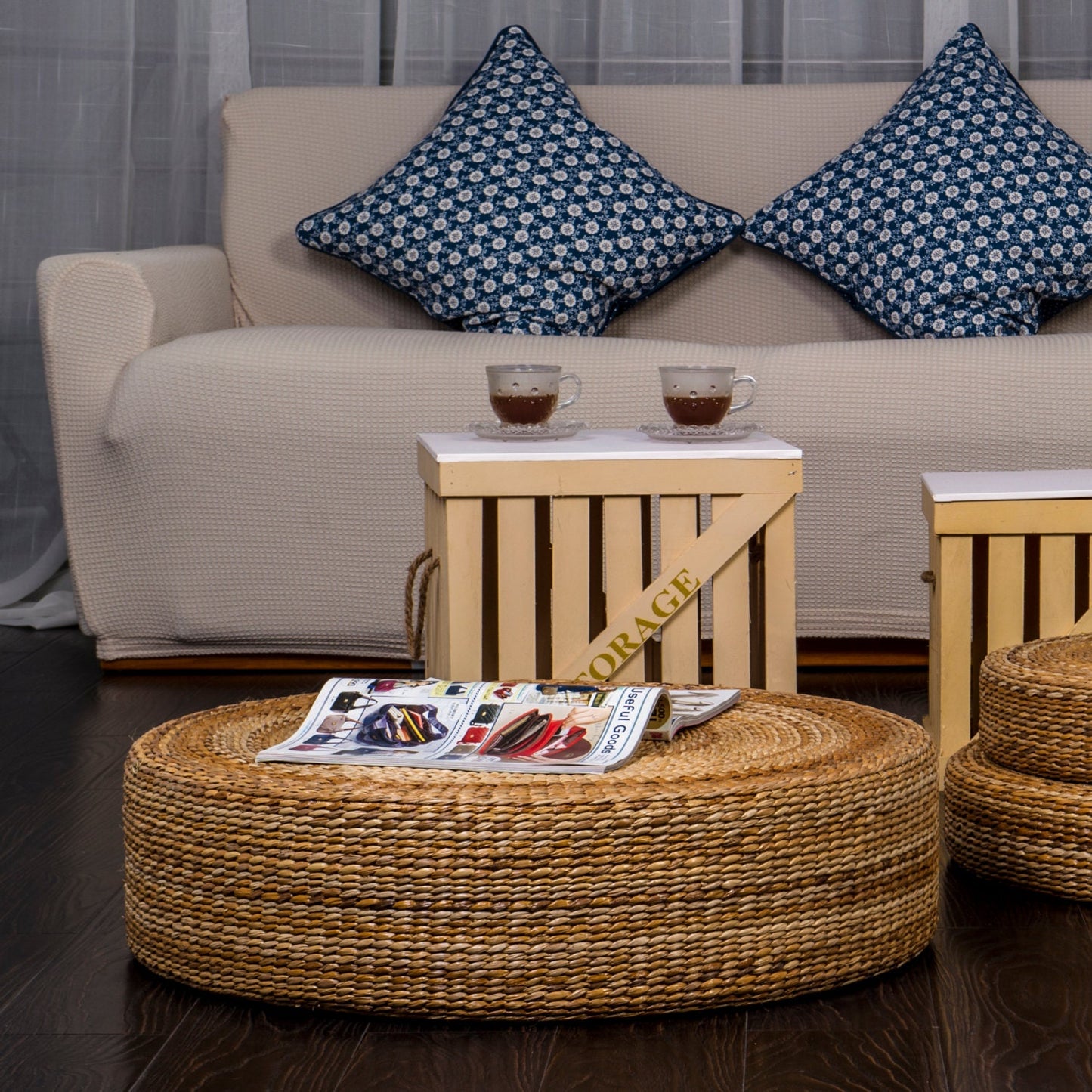 Dark-colored rustic floor cushions