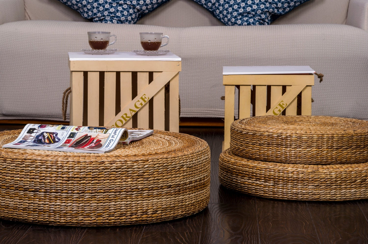 Dark-colored rustic floor cushions