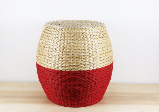 Round rustic red-beige wood stool