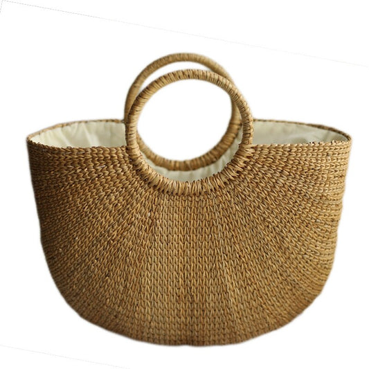 Women's Summer half moon straw bag with round ring handle