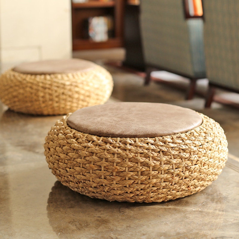 Chic rustic floor cushion with PU leather top