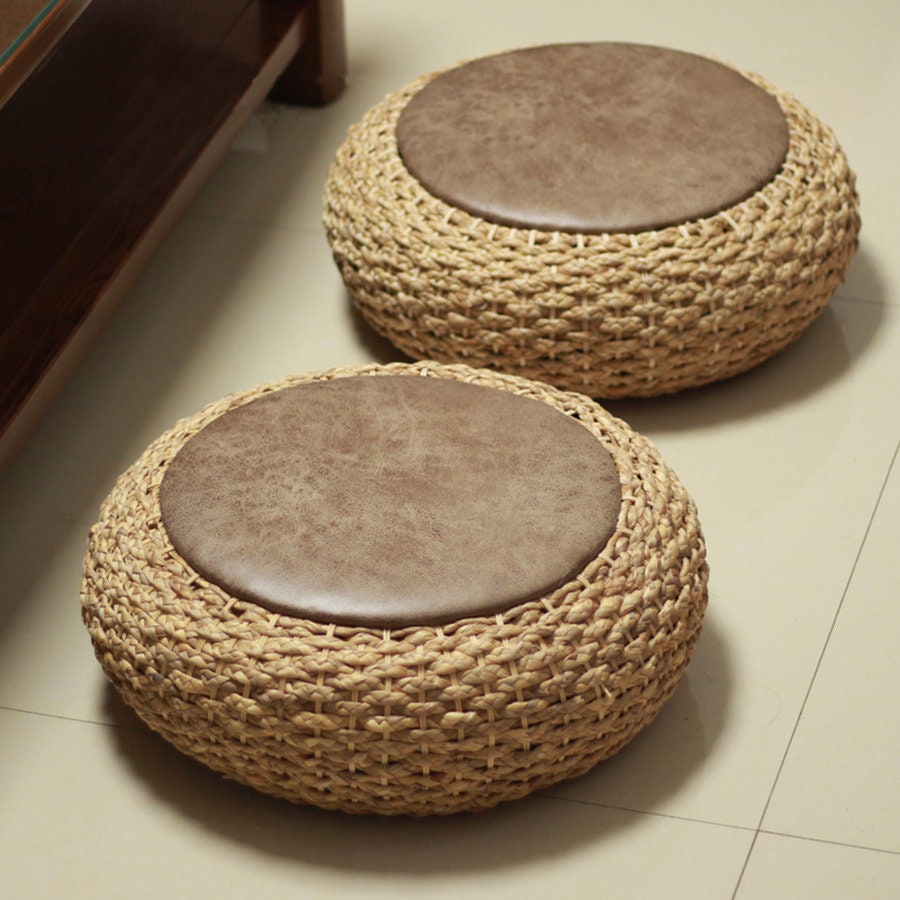 Chic rustic floor cushion with PU leather top