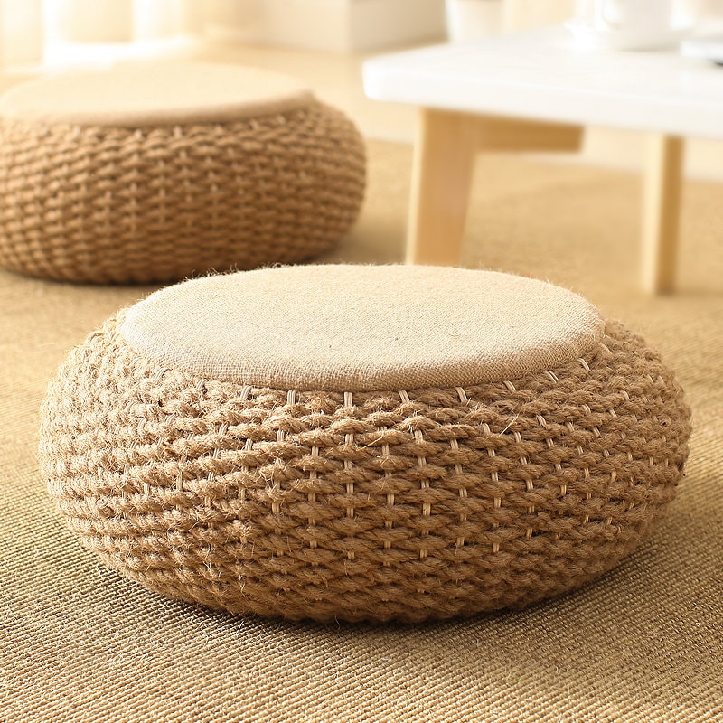 Rustic hemp ropes floor cushion with linen top