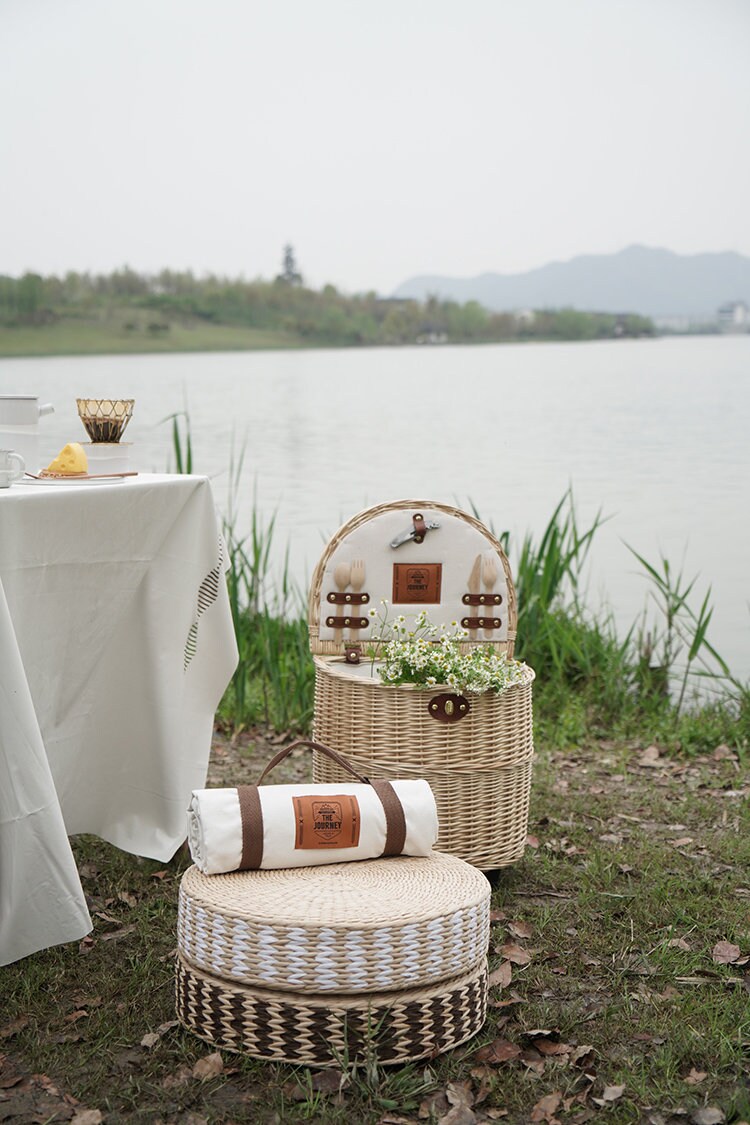 CUSTOM SIZE Beige brown and white round rustic floor cushions