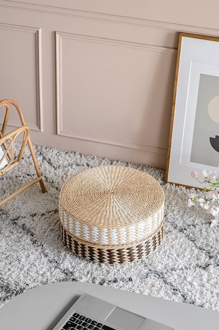 CUSTOM SIZE Beige brown and white round rustic floor cushions