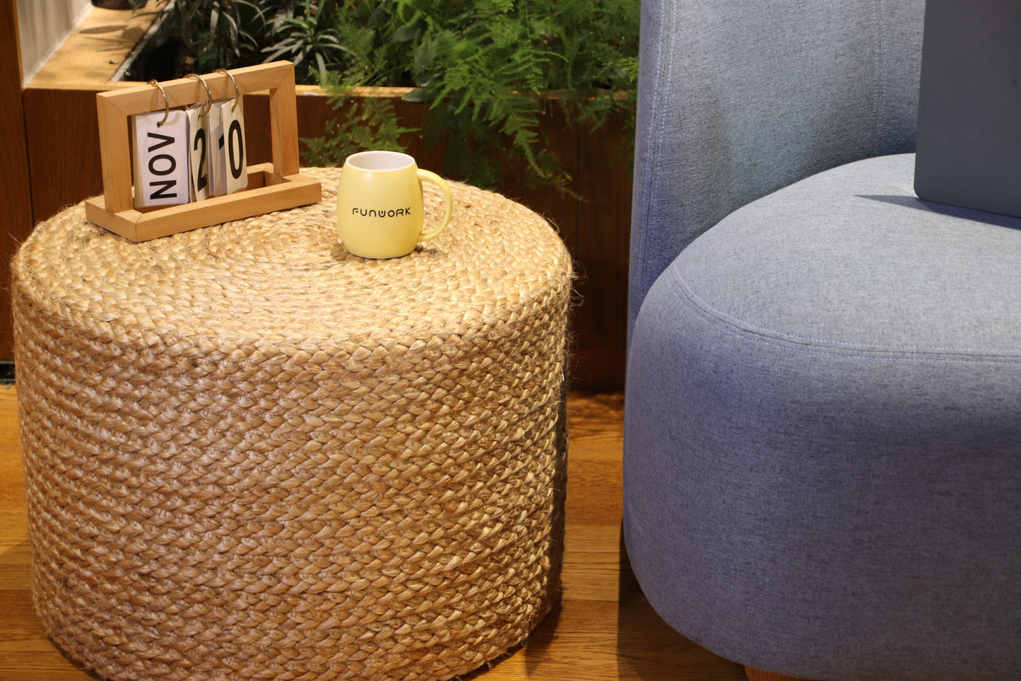 Custom size chic brown round jute floor cushions /side table