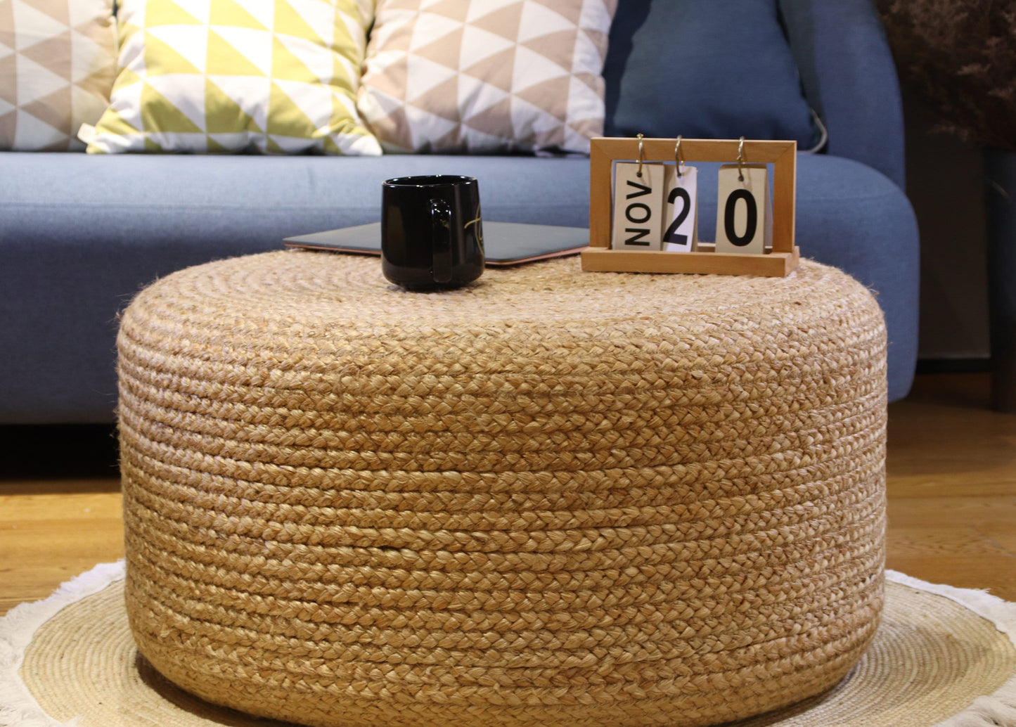 Custom size chic brown round jute coffee table