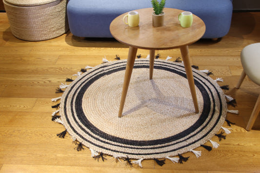 CUSTOM round brown and black woven jute rug with tassels