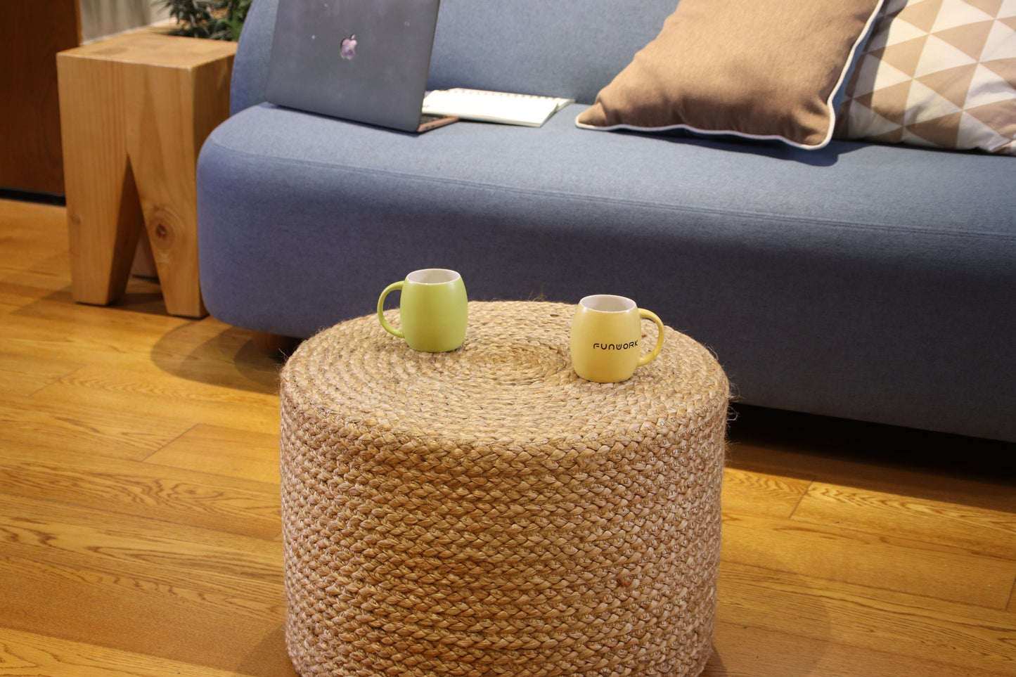 Custom size chic brown round jute floor cushions /side table