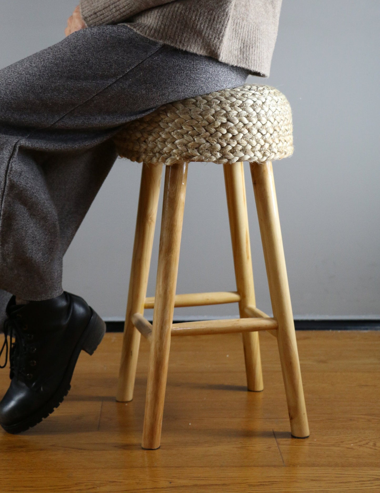 Chic round water hyacinth bar stool in kitchen