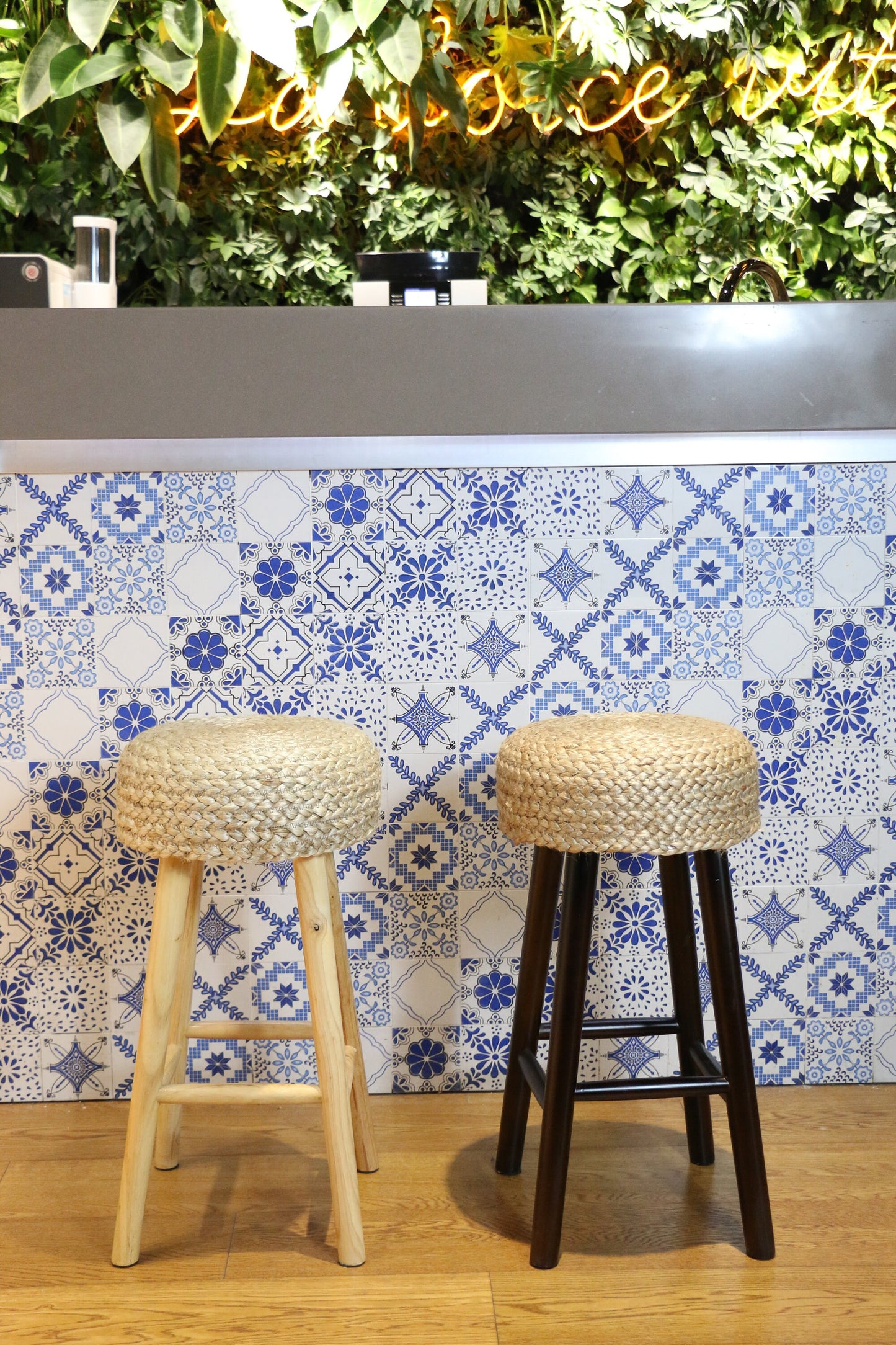 Chic round water hyacinth bar stool in kitchen