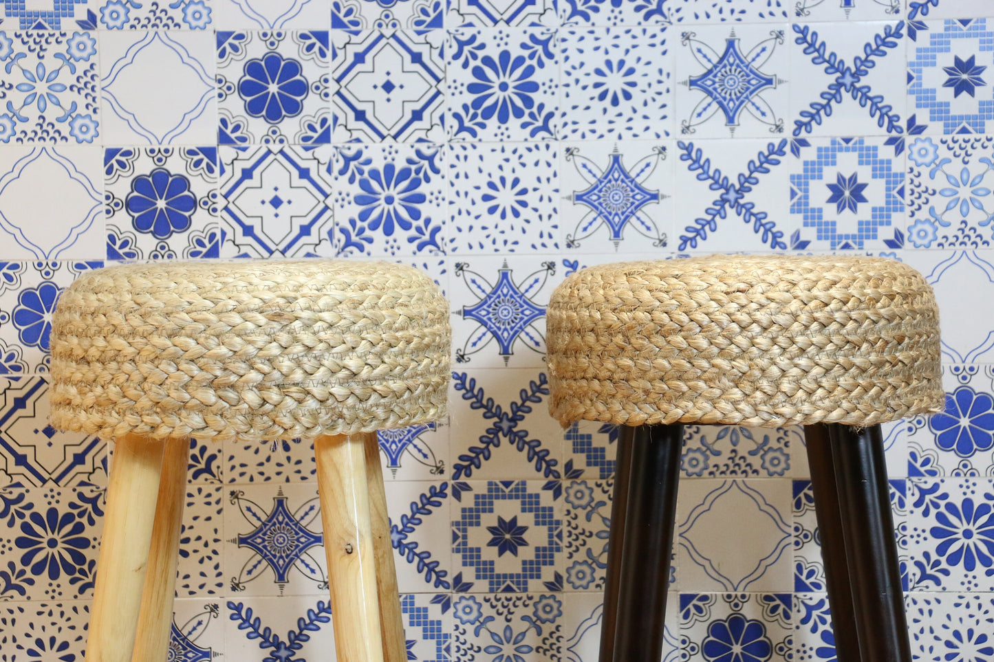 Chic round water hyacinth bar stool in kitchen