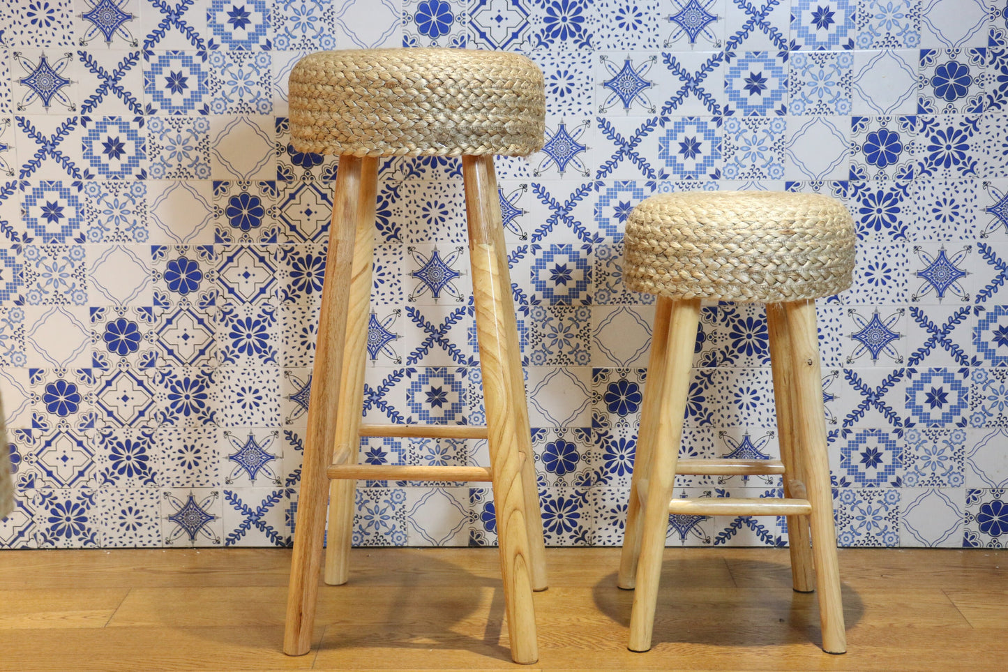 Chic tall round water hyacinth bar stool in kitchen