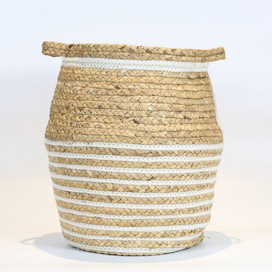 Fordable hand-woven natural straw basket with handles