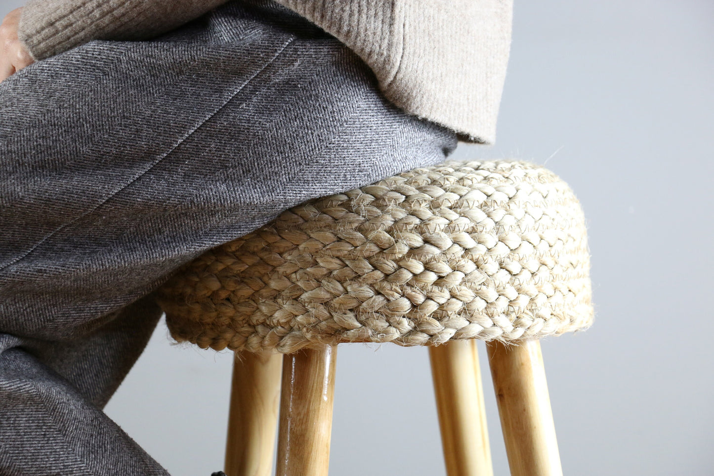 Chic round water hyacinth bar stool in kitchen