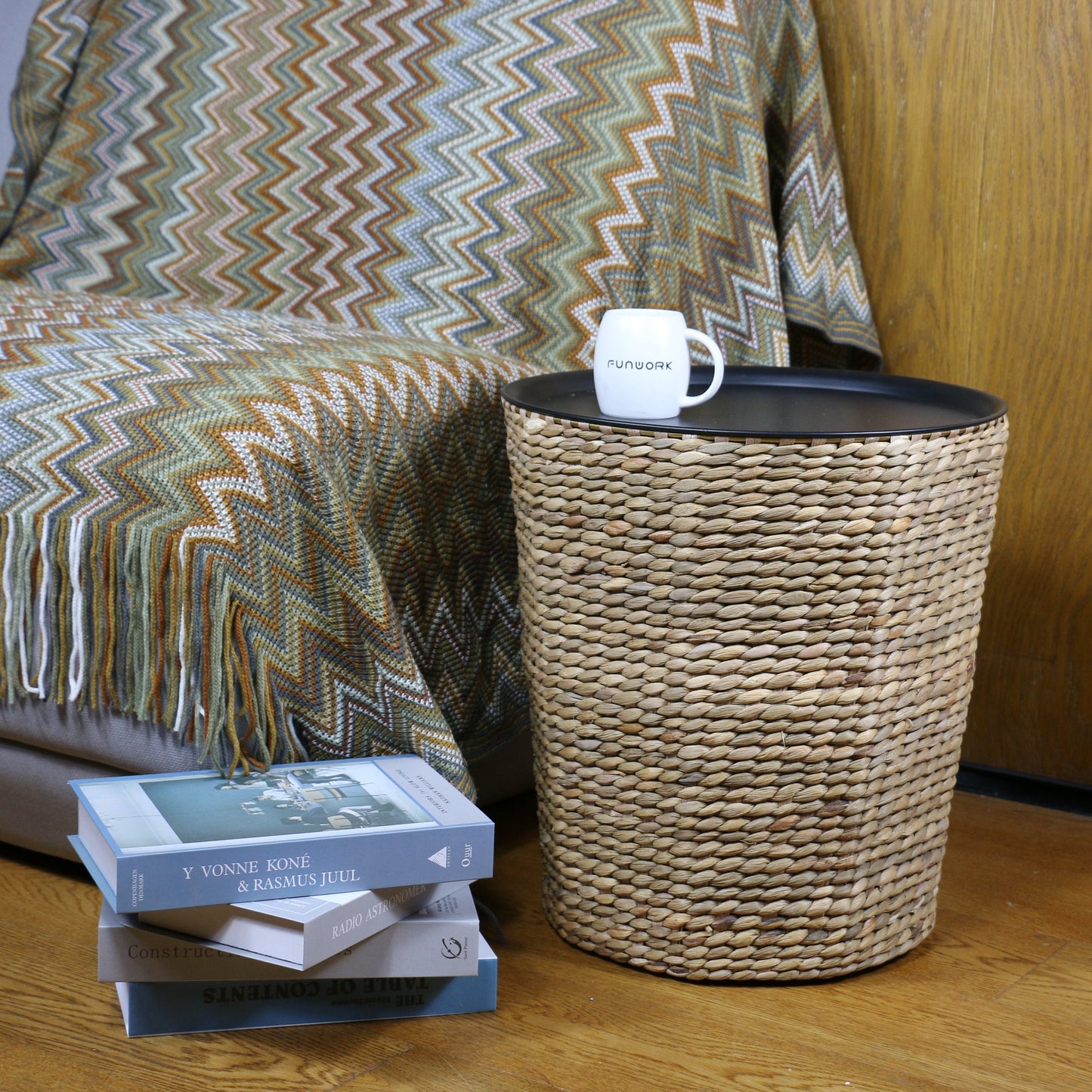 Round storage side table with metal lid