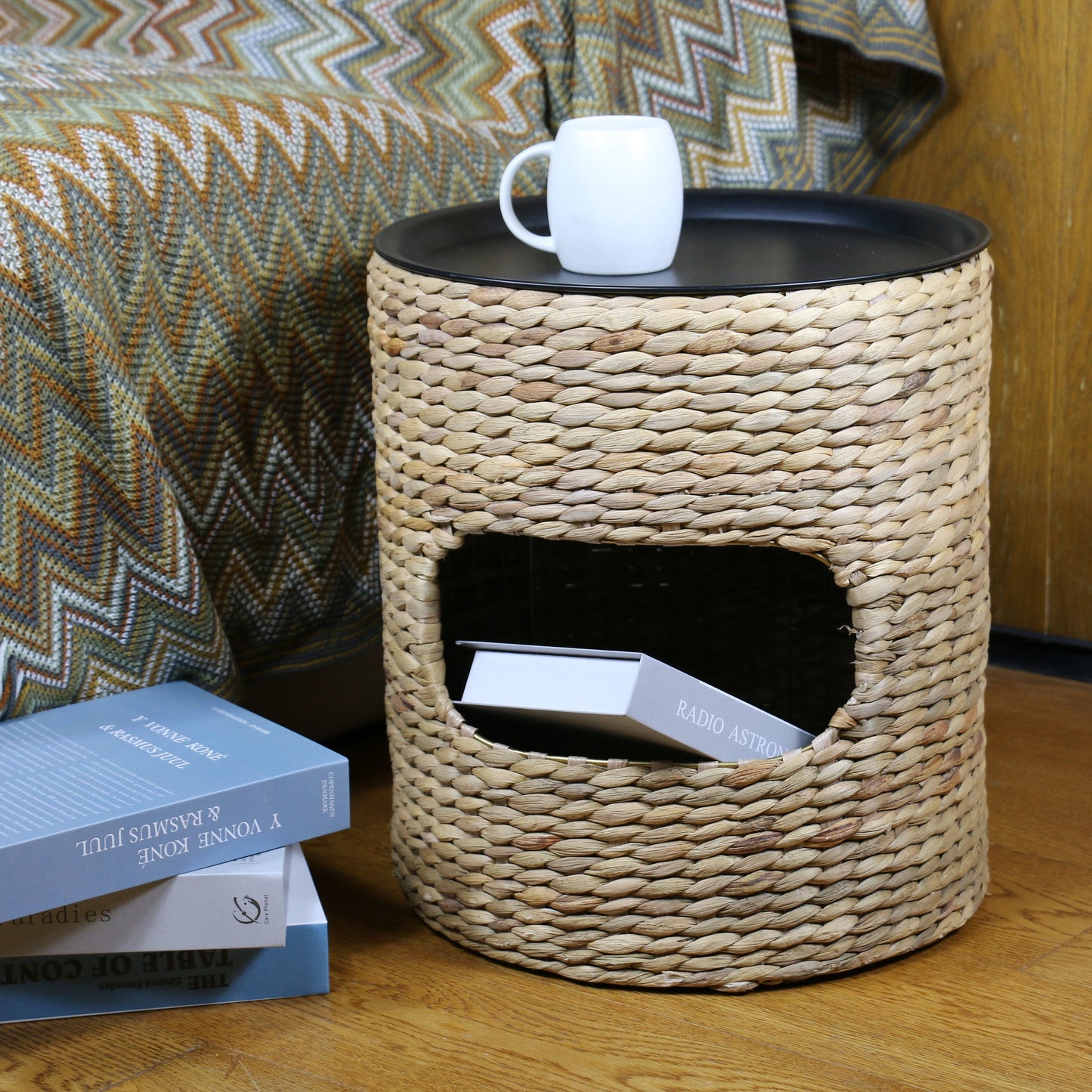 Round storage pet bed side table with metal lid