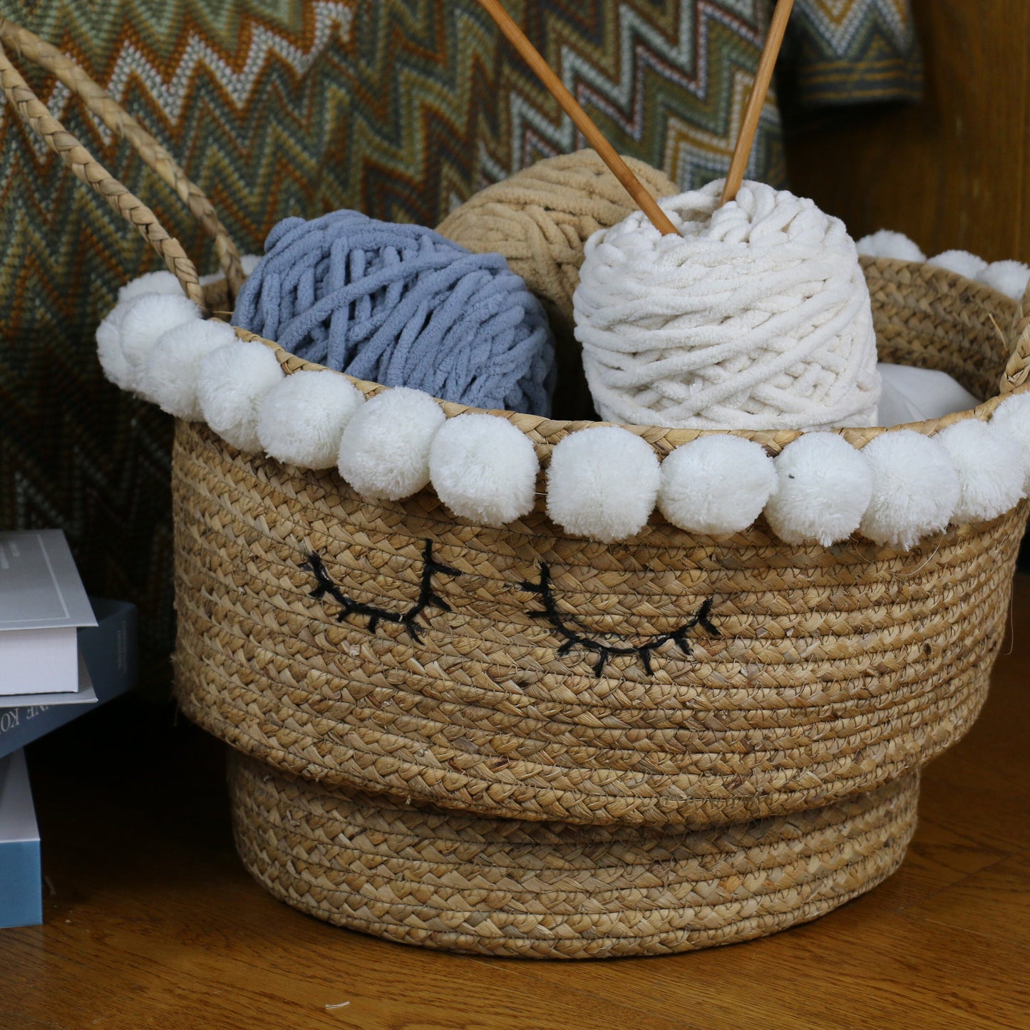 Cute water hyacinth storage baskets with sleep eyes and pom pom trim