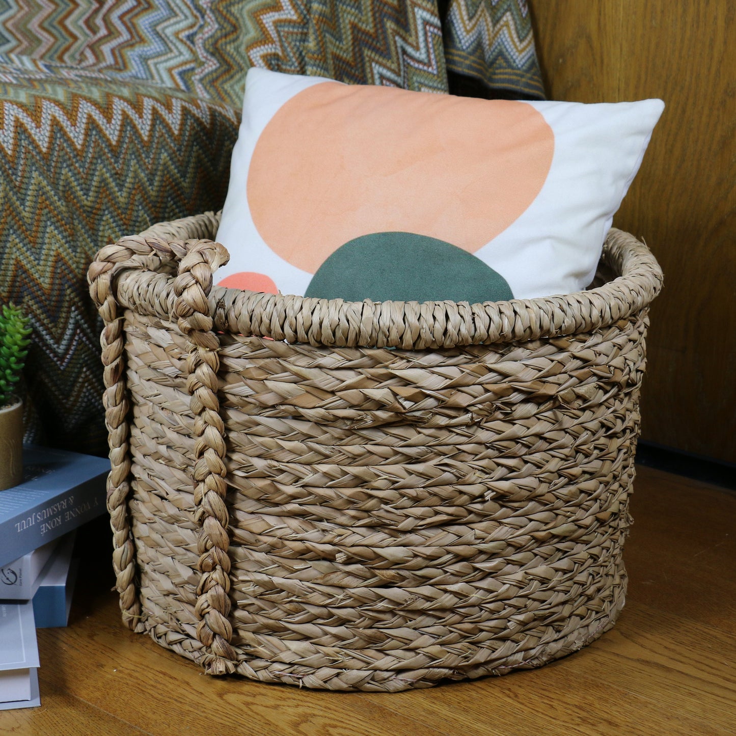 Large round straw baskets with two strong handles