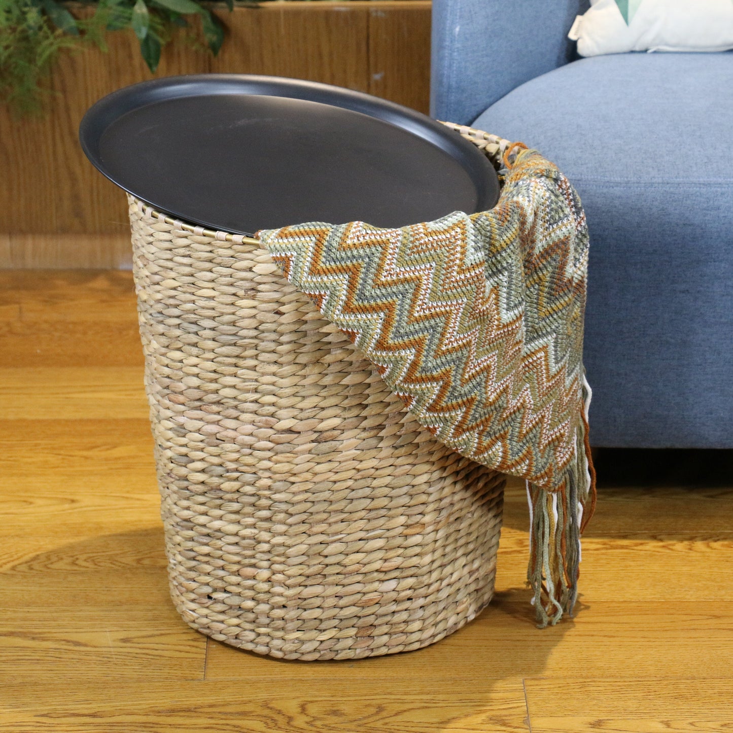 Round storage side table with metal lid