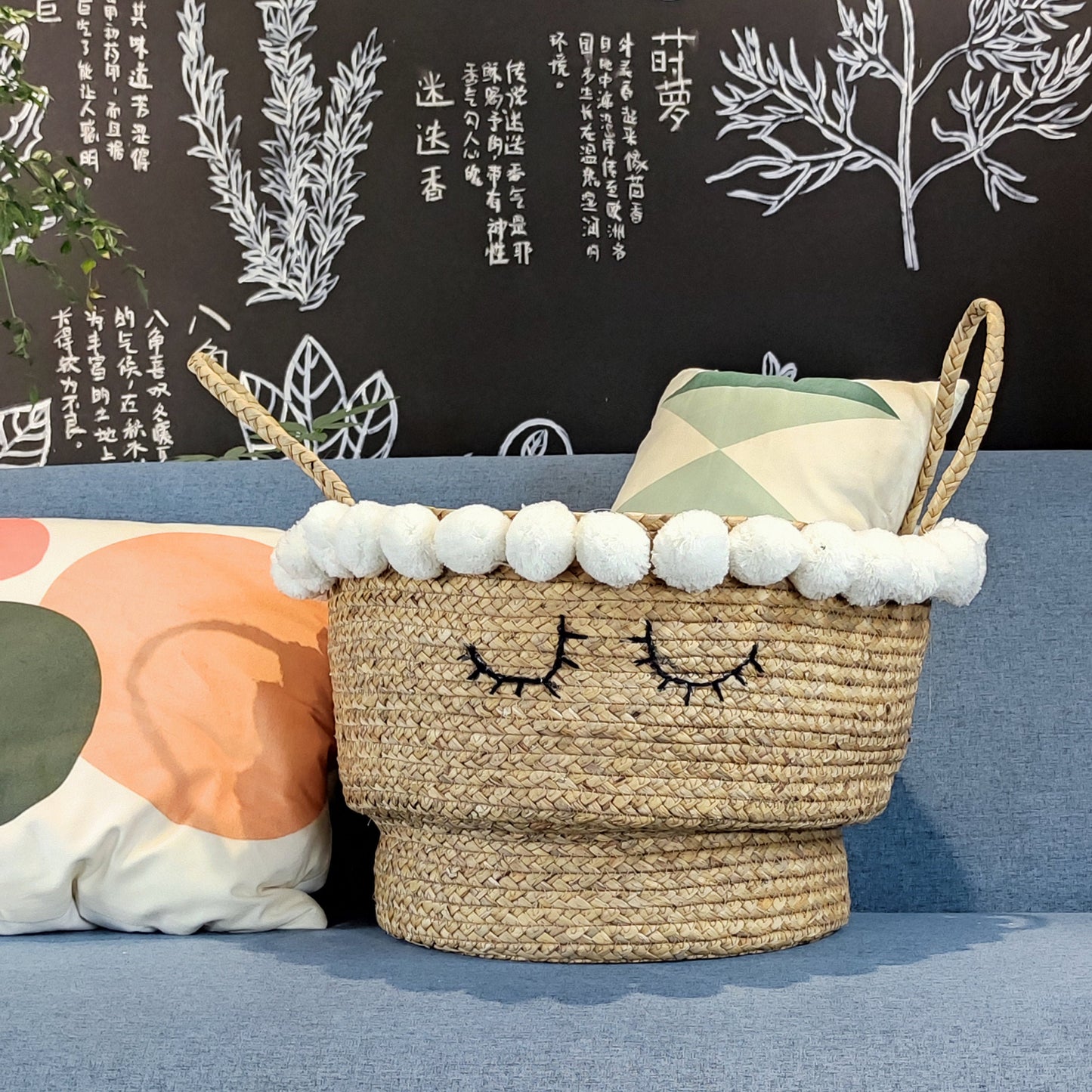 Cute water hyacinth storage baskets with sleep eyes and pom pom trim