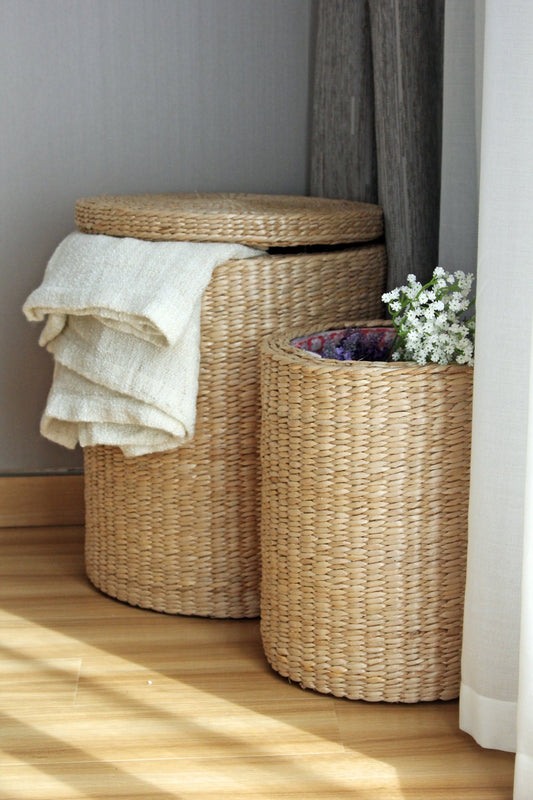 Handwoven round laundry hamper with lid